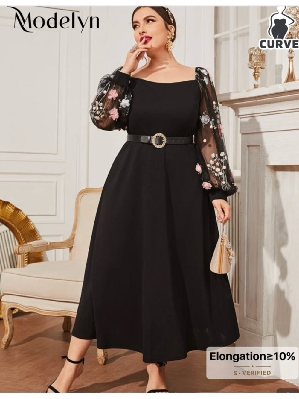 Black Floral Mesh Sleeve Formal Maxi Dress - Picture 4 of 4